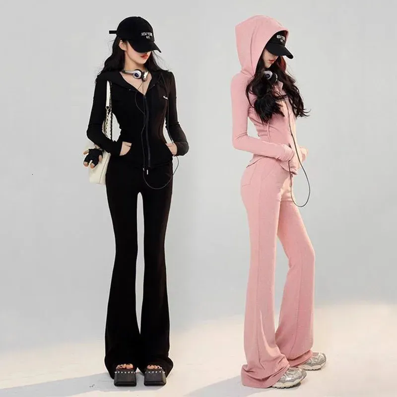 Femmes deux pièces pantalon à capuche 2 pièces survêtement fermeture éclair manches longues pull haut court Flash élastique correspondant ensemble 231120