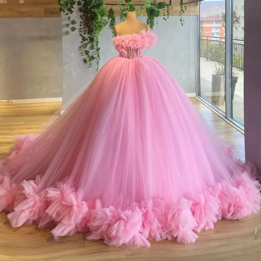 Baby Pink Tulle Formal Prom Dress 2024 Women One Shoulder Ruffles