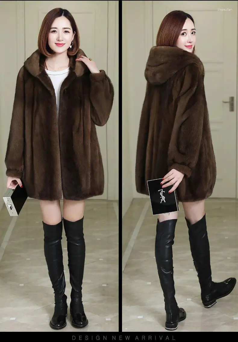 Women's Leather Imitation Fur Coat 2023 Women Hooded Loose Plus Size Mink Dress