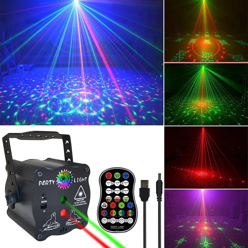 Party Stage Laser Lighting USB Charge Strobe DJ Disco Light Sound Activated Remote Control Projector Lamp för Home Birthday Bar RA276D