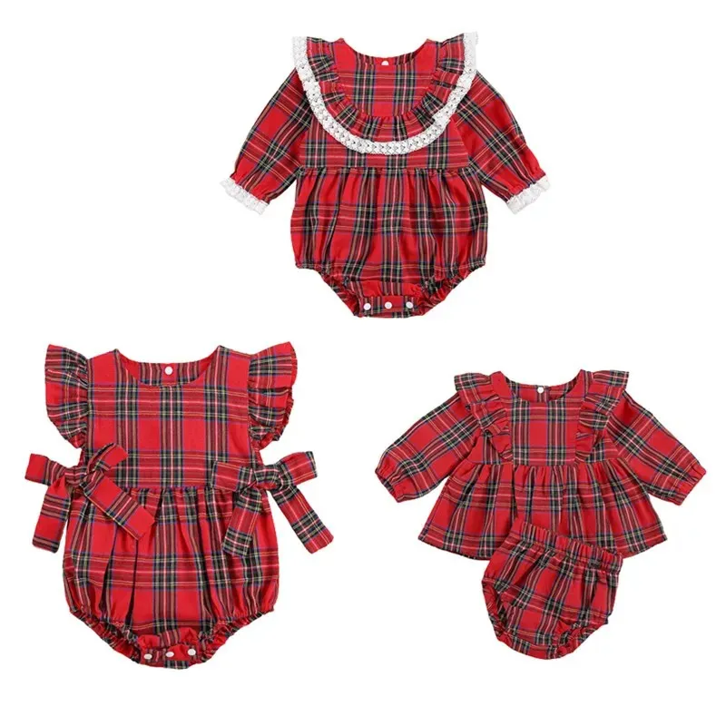 Rompertjes Citgeett Herfst Kerst 0-24M Baby Zomerkleding Baby geboren Baby Meisje Plaid Mouwloze Bloemen Romper Kerst 231120