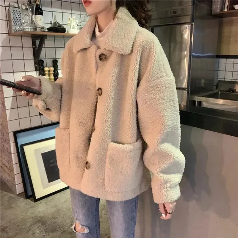 Teddy Fleece Cropped Jacket - Womens Korean Fashion Vintage