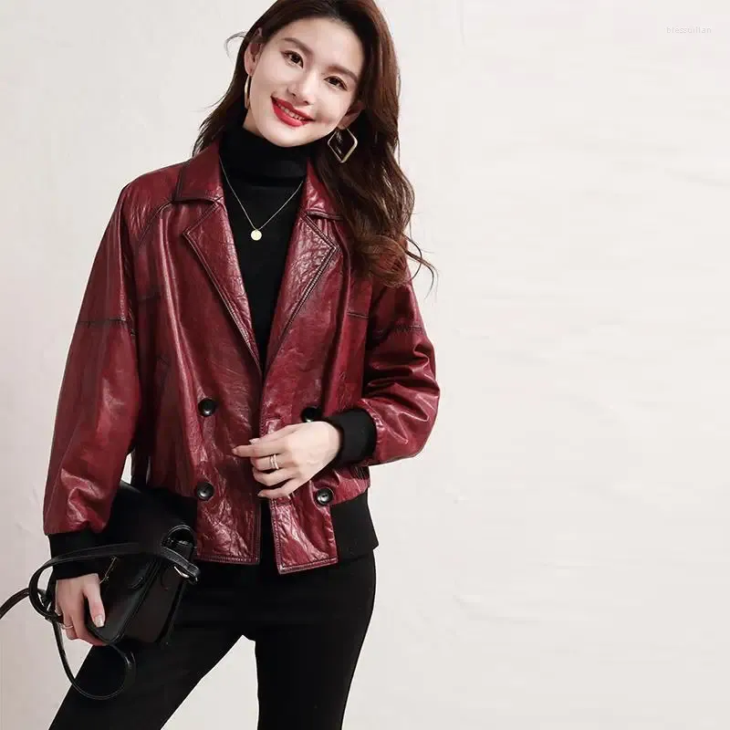 Women's Leather Autumn Fashion Genuine Short Oil Wax Cowhide Baseball Uniform Loose Small Jacket