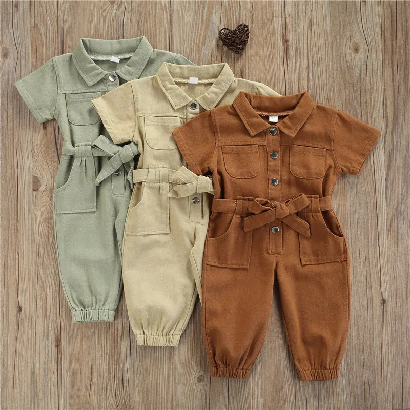 Rompers 15 jaar kinderen meisjes casual jumpsuit met lange mouwen mode solide kleur revers pocket single -breasted lente en herfst rompers meisje 230420