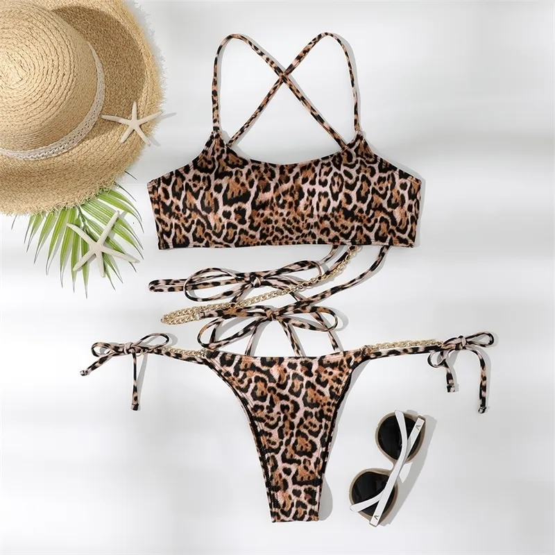 Women's Swimwear 2023 Bikini Low Waist Swimsuit Female Net Red Demeanor Fake Sexy Leopard Print Gathering Separate 230420