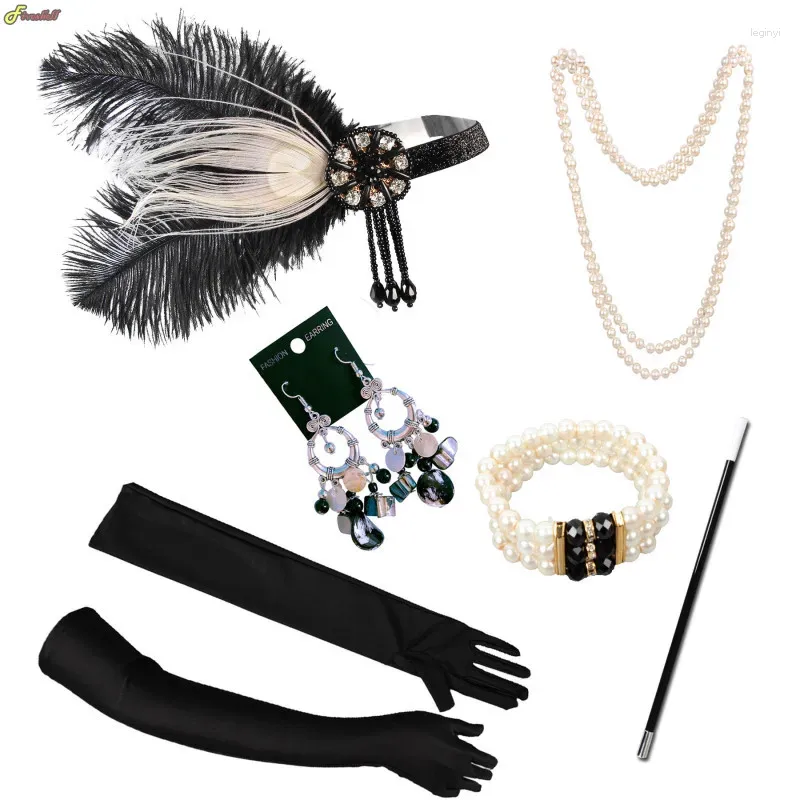 Fournitures de fête Années 1920 Femmes Vintage Flapper Gatsby Cosplay Costume Accessoires Ensemble Bandeau Collier De Perles Gants Porte-Cigarette Boucle D'oreille