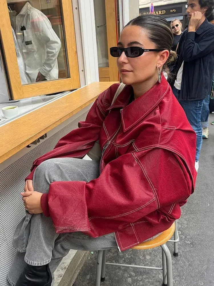 Ladies Faux Fur Jacket: Autumn Red Stitched Leather Coat