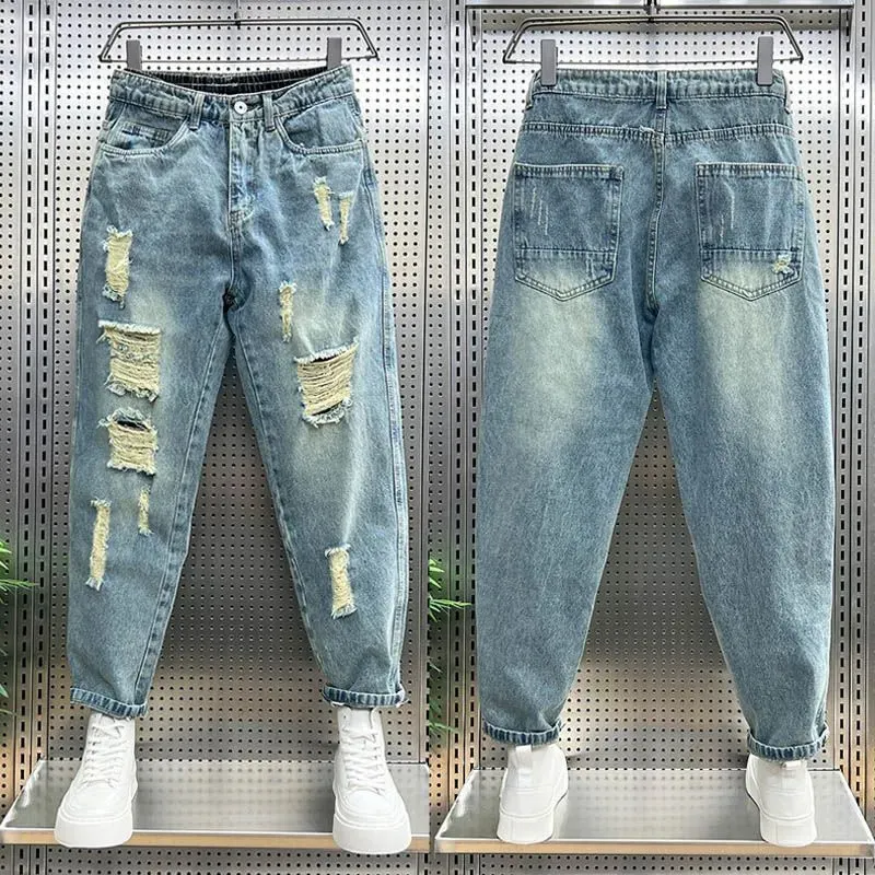 Herr jeans foufurieux rippade män kläder lösa sträcka hög midja manliga denim byxor överdimensionerade vintage jean byxor harajuku 231121