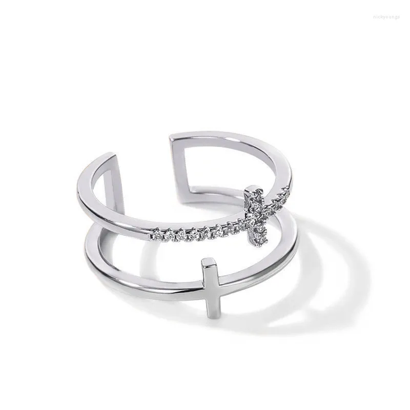 Cluster Ringe Einfache Doppelschicht Kreuz Öffnung Ring Für Frauen Männer Mode Minimalistischen Inlay Zirkon Finger Hochzeit Täglichen Schmuck Geschenke