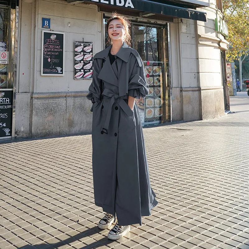 Осень 2023, серый высокий супер длинный плащ до щиколотки, женская куртка средней длины выше колена, свободная корейская версия