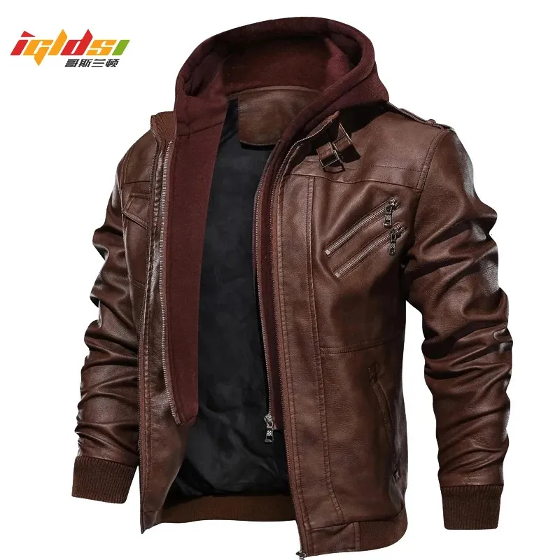 Erkek Deri Sahte Sonbahar Kış Motosiklet Ceket Windbreaker Kapşonlu Ceket Erkek Takım Sıcak Beyzbol Plus Boyut 3xl 231120