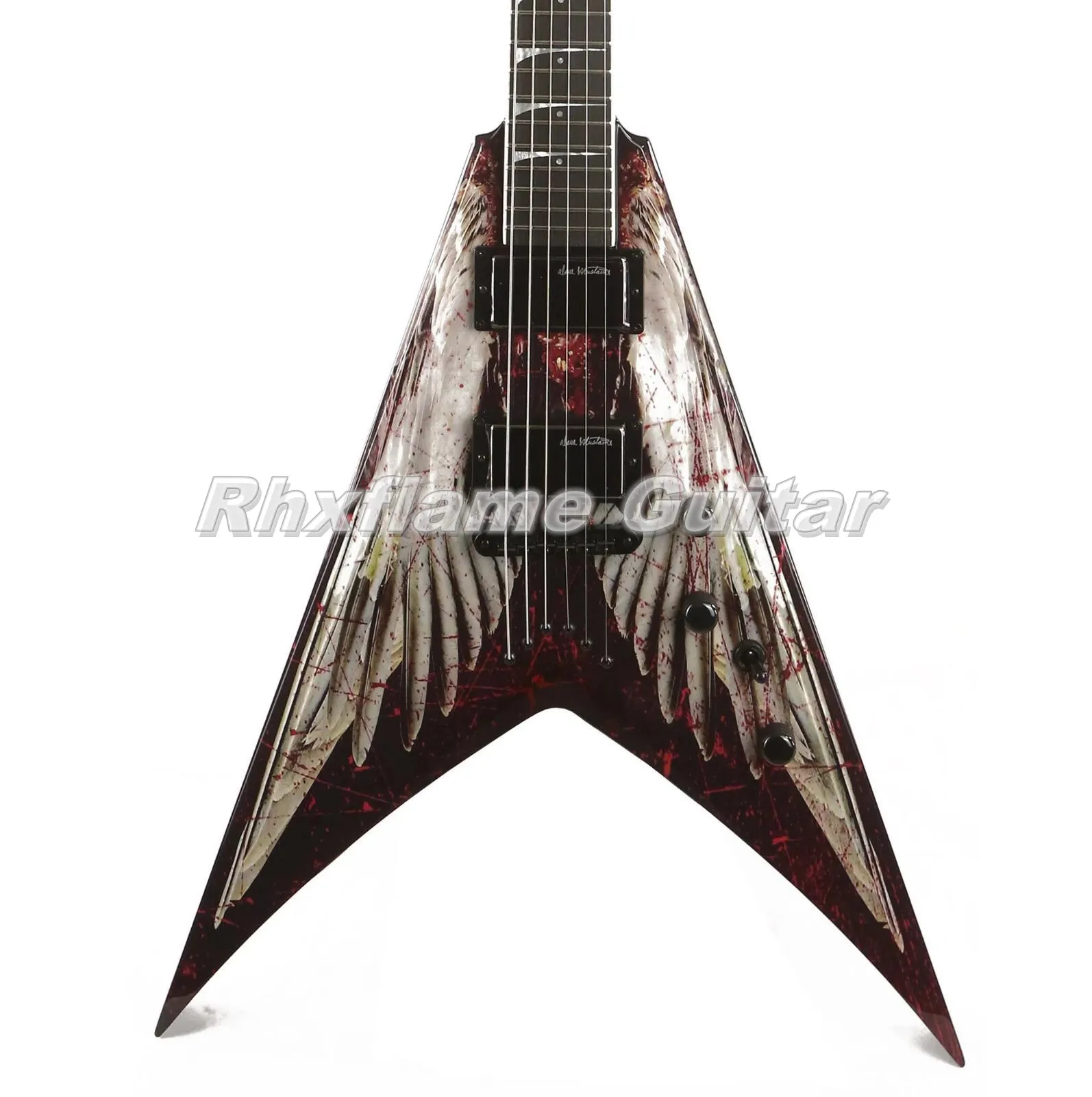 Dave Mustaine VMNT Angel Of Deth Guitare électrique DM Signature Incrustations Cordes à travers le corps Chine Micros actifs Boîte de batterie 9 V Accordeurs Grover Matériel noir