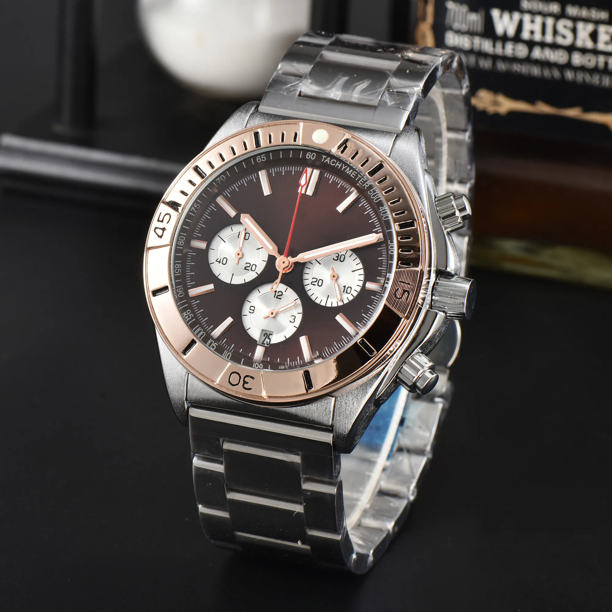 2024 NYA MENS Titta på Six Needle Quartz Watch High Quality Top Luxury Brand Chronograph Clock Watch rostfritt stålklocka Band Men modeklockor Ben-06