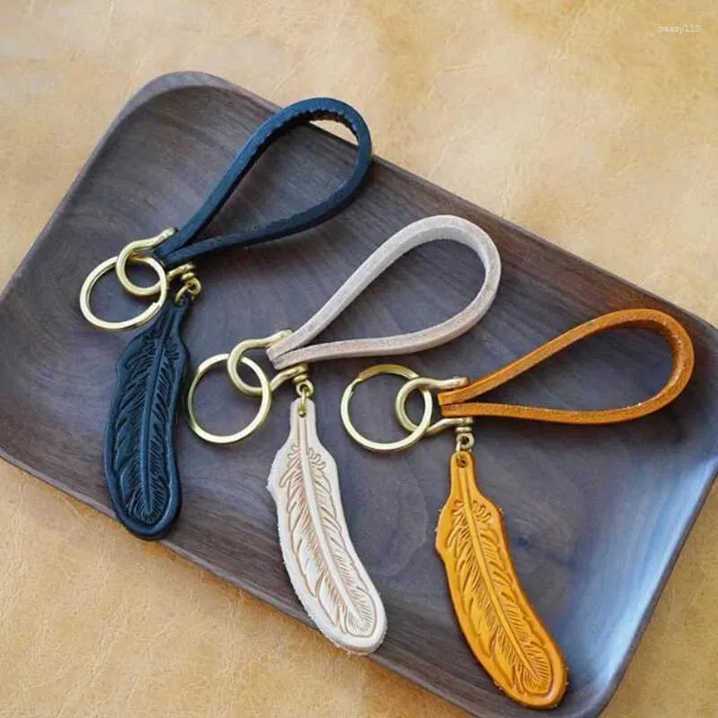 Nyckelringar Vintage Feather Brass Leather Keychain Retro Horsesho Chain Pendant Key Ring Package Decoration Gift