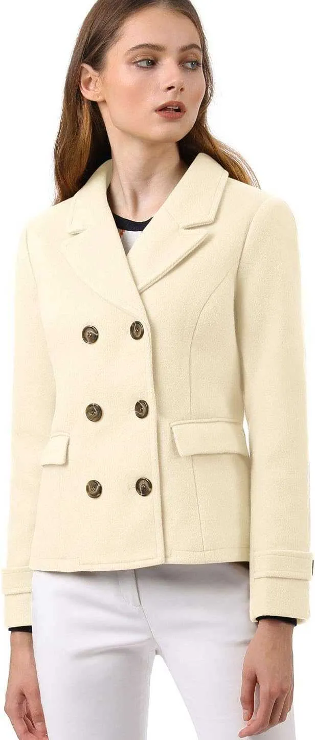 Winter Jacket Women Flat Barge Collar Double-breasted Short Solid Color Slim Warm Pea Coat 17OXQJ