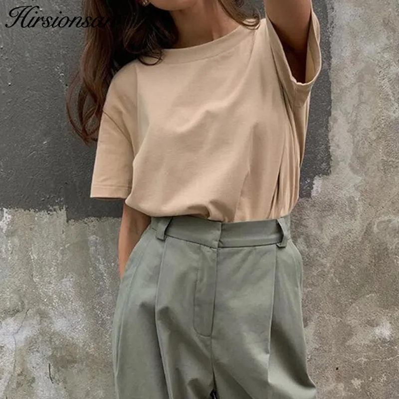 Kvinnors t-shirt Hirsionsan Basic Cotton T-shirt Kvinnor Summer överdimensionerade Solid Tees 7 Färg Casual Loose Tshirt Korean O Neck Female Tops 230421