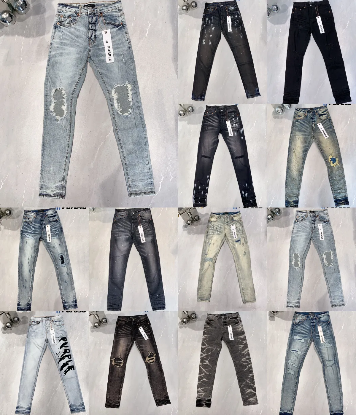 jeans de diseñador para hombre pantalones jeans morados Jeans morados Tendencias de jeans para hombre Biker desgastado negro rasgado Slim Fit Motorcycle Mans jeans apilados hombres jeans holgados con agujeros