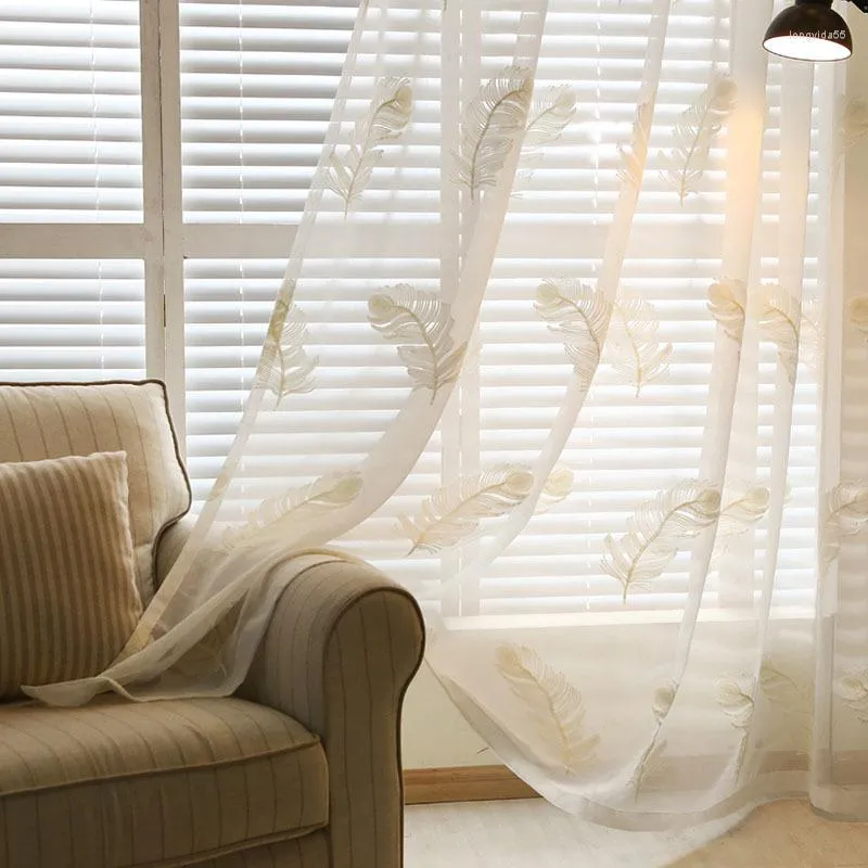 커튼 2023 흰 깃털 자수 스크린 세련된 미니멀리스트 거실 침실 베이 창