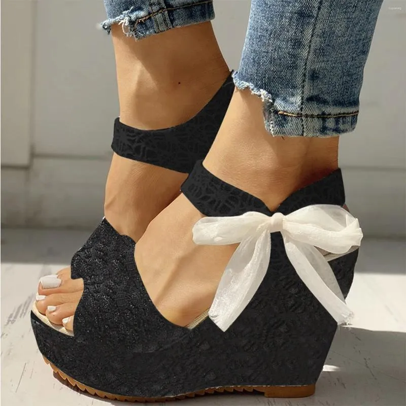 Sandalen Zomer Dames Sleehak Peep Toe Hoge Lint Mode Jurk Bruiloft Schoenen