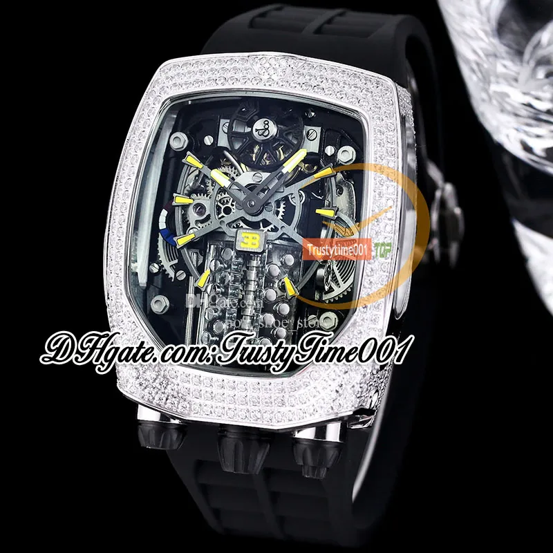 Bugatti Chiron Tourbillon Watch Iced Out Skeleton Dial Red Markers Rubber Band