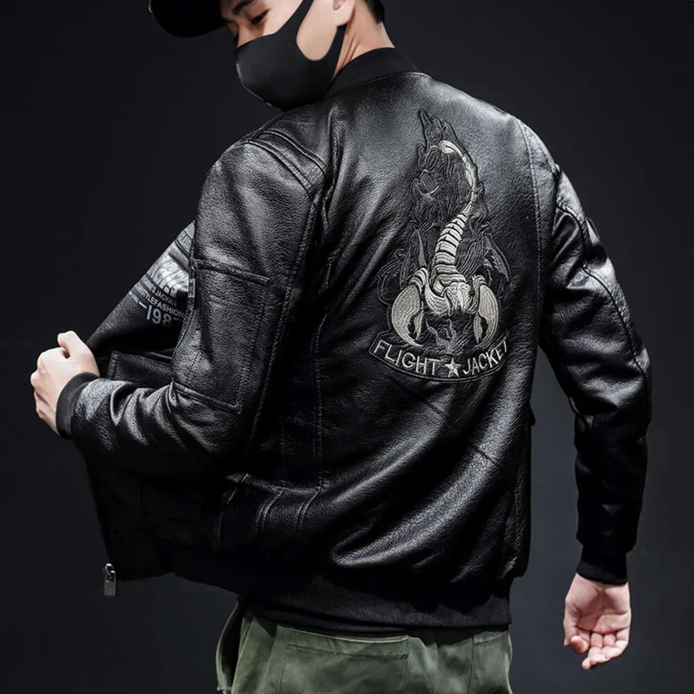 Designer Pilot leather jacket male slim fit Korean version handsome baseball collar embroidered motorcycle leather jacket men's youth jacket fashion