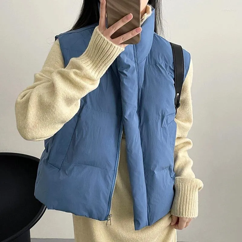 Women's Vests Real Po Women Autumn Loose Style Vest Coat Stand Collar  Fashion Blue Tops Chaleco Mujer Gilet Casaco Feminino