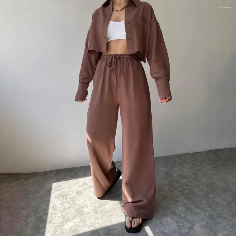 Women's Two Piece Pants Drawstring Waist Short Jacket Trousers Set Stylish Suit Chic Turn-down Collar Loose Single-breasted