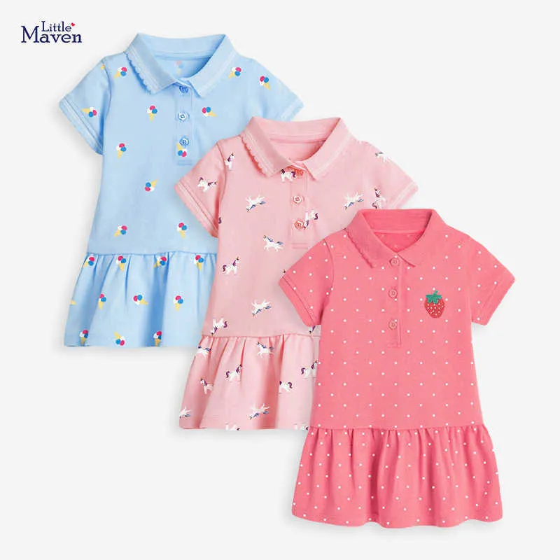 Little Maven New Summer Kids Cute Light Blue Peter Pan Collar Red Apple Girls 2-7yrs Lantern Sleeve Cotton Vestidos de malha L231121