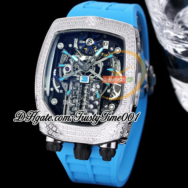 Bugatti Chiron Tourbillon Autoamtic Orologio da uomo Motore a 16 cilindri Quadrante scheletrato Custodia con intarsio di diamanti ghiacciati Cinturino in caucciù blu trustytime001Orologi BU200.30