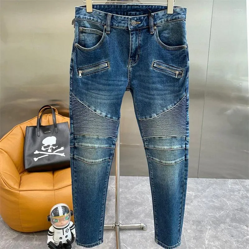 Jeans masculinos 2023 moda homens outono inverno casual slim fit crumple break buraco denim calças estiramento lápis calças