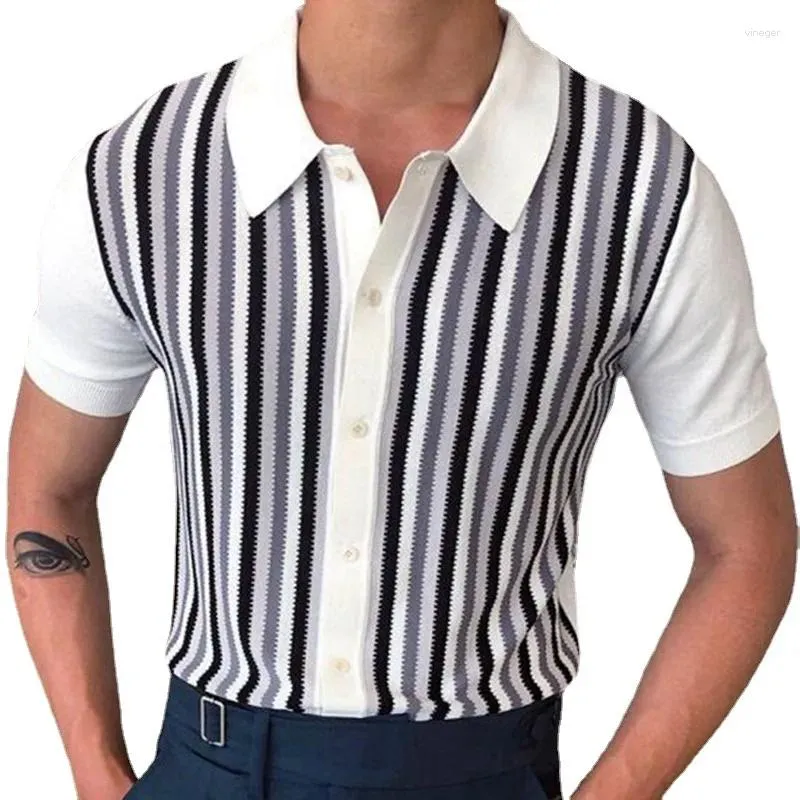 Herren T-Shirts 2024 Sommer Schwarz-Weiß-Streifen Kontrast Strickwaren Kurzarm Slim Fit Dünnes Poloshirt