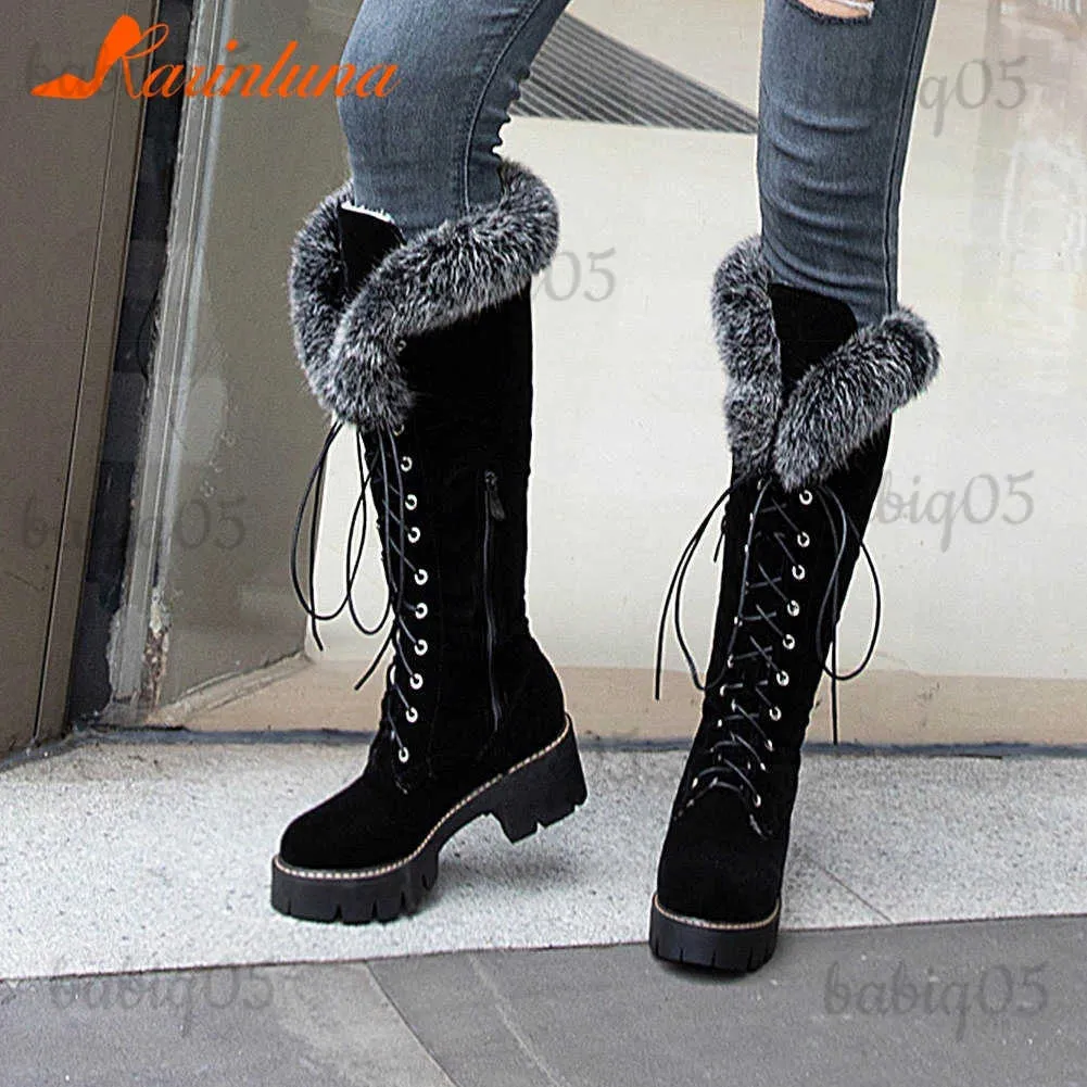 Botas Karinluna dropship 2019 tamanho grande 43 inverno sapatos de pele quente mulher botas de neve ao ar livre Mulheres cadarços joelho botas altas sapato feminino T231121