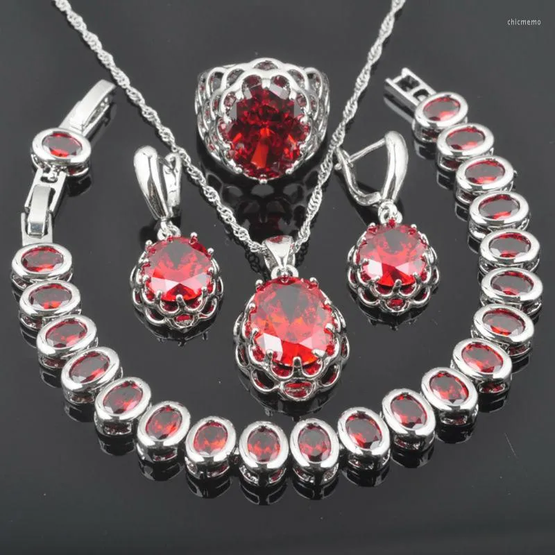 Necklace Earrings Set Silver Color Jewelry For Women Gift Red Cubic Zirconia Ring Earring Bracelet Wedding QS0164