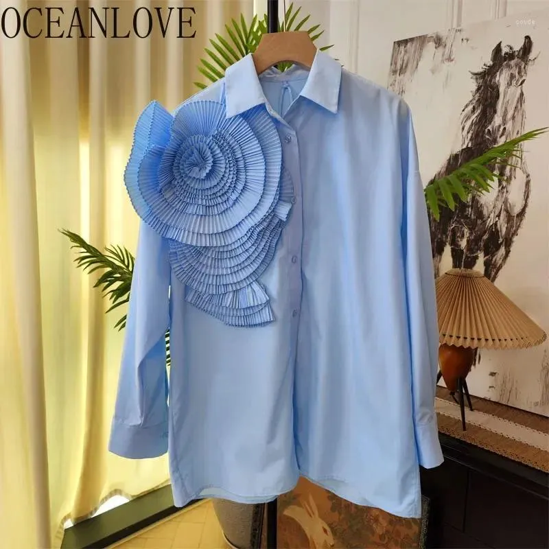 Women's Blouses OCEANLOVE Solid Spring Autumn Shirts&blouses 3D Flowers Vintage Korean Fashion Women Tops Elegant Sweet Party Blusas Mujer