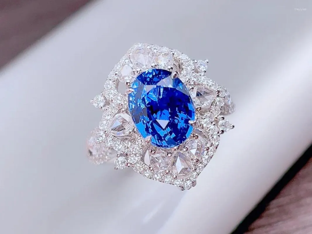 Anneaux de cluster HJY Guild Blue Sapphire Ring 3.05ct Véritable 18K Or Naturel Unheat Bleuet Gemstone Diamants Pierre Femme