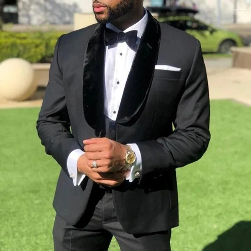 Men's Suits Black Men Blazer Shawl Lapel Single Breasetd Elegant Clothing Skinny Full Set Luxury Wedding 3 Piece Jacket Pants Vest