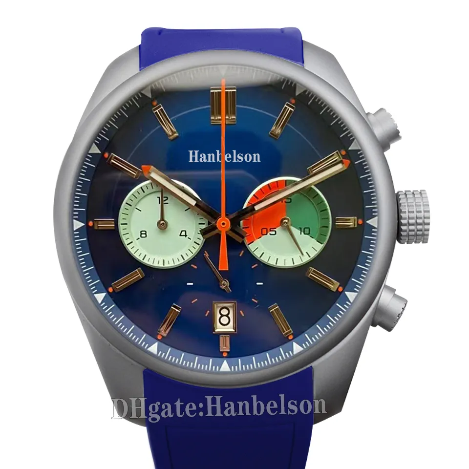 Sailing Male Watch All steel case Quartz chronograph movement Blue leather strap Mens clock 43MM Wristwatch