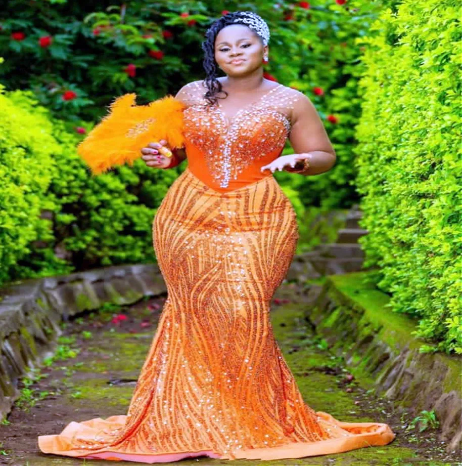 2023 Mermaid oranje prom jurk lovertjes kant sexy formele feestavond tweede receptie verjaardagsbetrokkenheid bruidsmeisje jurken jurken zj007