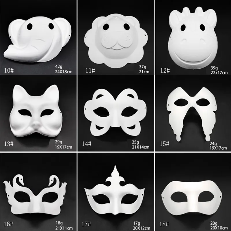 3 mascherine di carta bianca per il viso fai da te, maschere per gatti in maschera, maschere artistiche in cartapesta, maschere da dipingere a metà viso, per bomboniere, oggetti di scena in