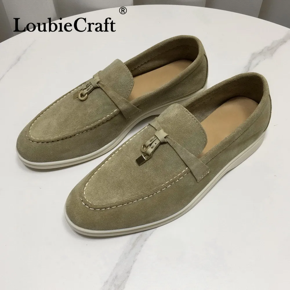 Sukienka buty zamszowe mokasyny kobiety letnie spacer Moccasins skórzane frędzle LP Flat Metal Lock Złącze na przyczynowe ciemne khaki 230421