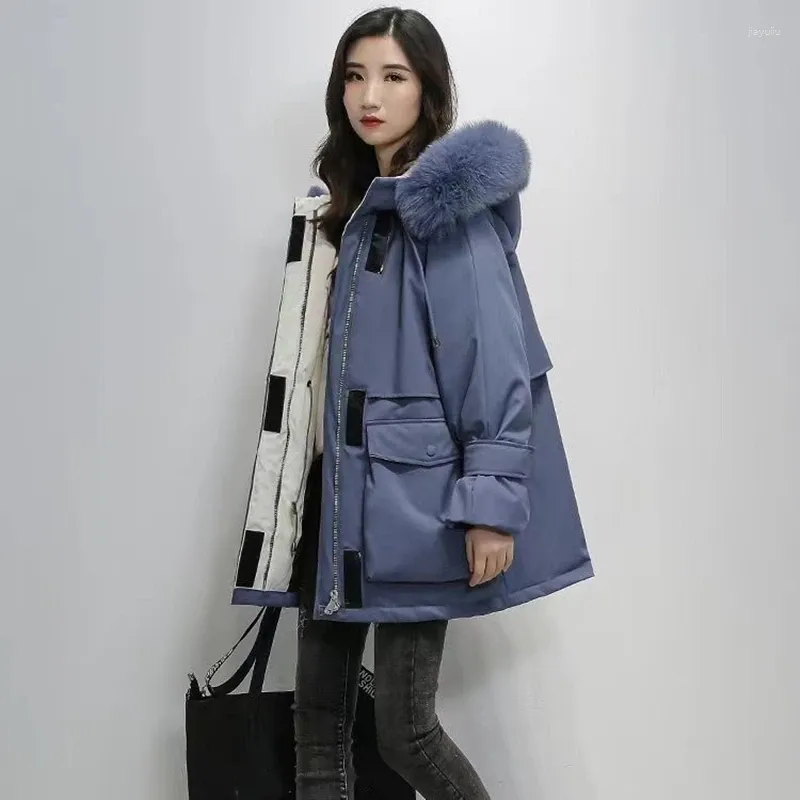 女性用ジャケット中央の長さの女性パーカ韓国ファッションスタイルの冬のジャケットルーズと厚い大きな毛皮の襟コート