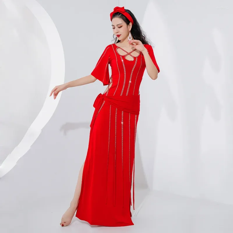 Sparkling Belly Dance Costume: Rhinestone Baladi Saidi Dress, 4-Piece Set  with Girls' Folk Dance Outfit, Long Robe Perfect for Stage!