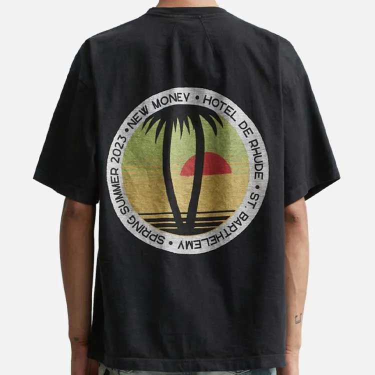 Disenador Ropa De Moda Camisetas Camisetas Multitud Rhude Frente Trasero Dibujos Animados Puesta De Sol Arbol De Coco Tendencia Suelta Marca Algodon Puro Camiseta De Verano Hombres Mujeres Al Por Mayo...