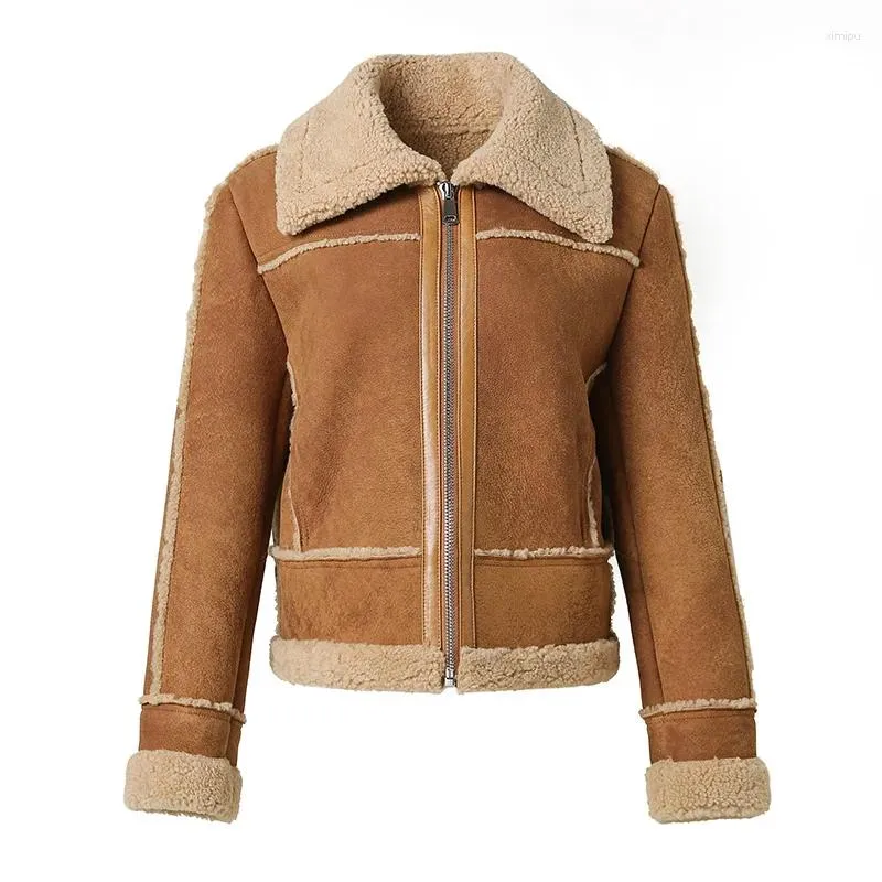 Senhora de couro feminino moda shearling jaqueta inverno grosso quente lã forrado casaco genuíno pele carneiro feminino vintage outerwear