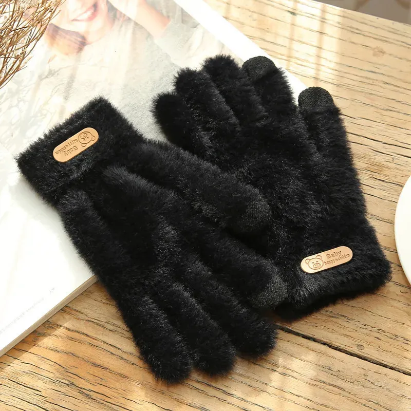 Gants à cinq doigts Gants tricotés Hiver Chaud Écran épais Gants de fourrure Mitaines solides pour téléphone portable Tablette Pad Gant de laine de cachemire pour femmes 231120