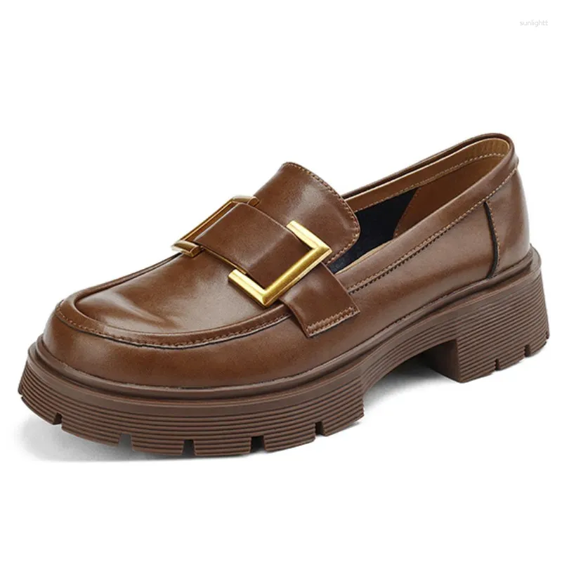 Sapatos de vestido Couro Genuíno Salto Baixo Loafer Feminino Elegante Estilo Europeu Fivela Bombas Confortáveis Oxford Senhoras Marca