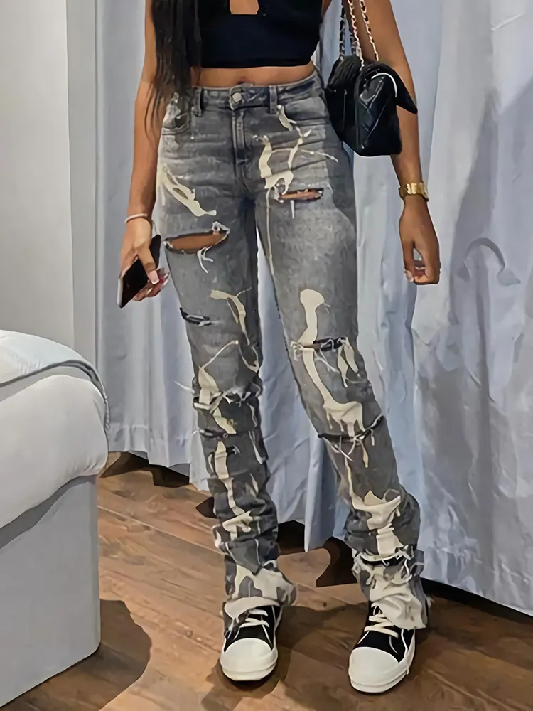 Damenjeans Sifreyr Fashion Cotton Hole Jeans Damen Y2K Stacked Pants Casual Chic Print Ripped Denim Skinny Hose Grey Elastic Slim Jeans 230421