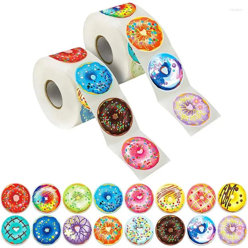 Envoltório de presente 500 pcs 1.5inch Donut Adesivos Rolo 8 Designs Deliciosa Sobremesa Procurando Donuts Artesanais Etiquetas para Bolo Pão Cozimento