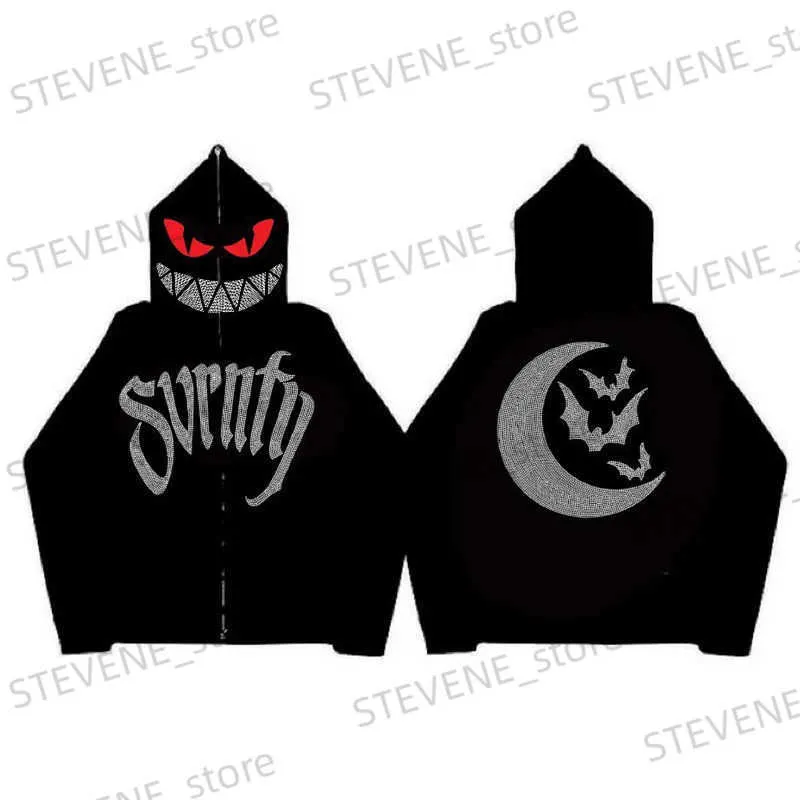 Erkek Hoodies Sweatshirtler Rhinestone Komik Demon Moon Bat Desen Y2K Goth Grunge Retro Hip Hop Punk Tam Fermuar Up Kapşonlu Büyük Boy Erkekler Kadın Sweatshirt T231121