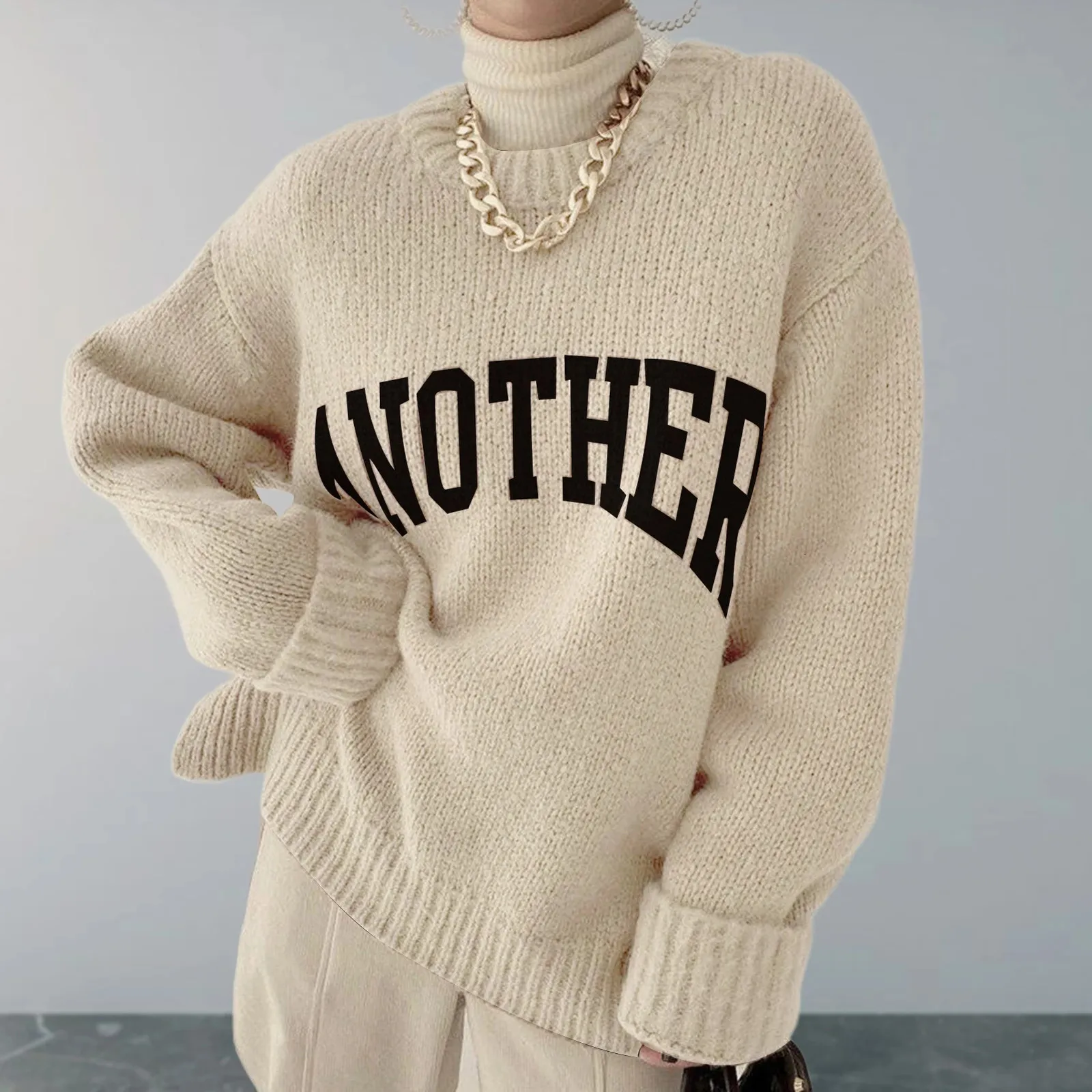 Women's Two Piece Pant Crew Neck Pullover Letter Pattern Ladies Long Sleeve Vintage Warm Loose Fit Oversized Vacation Outfit 231121